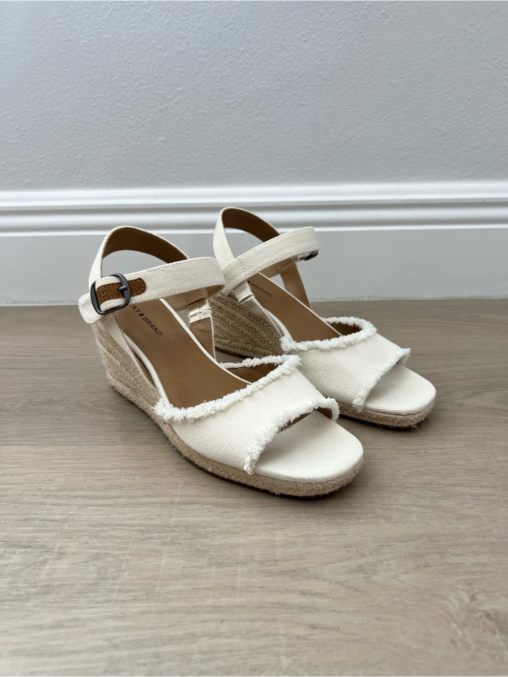 Lucky Brand Cream Frayed Canvas Wedge Sandals